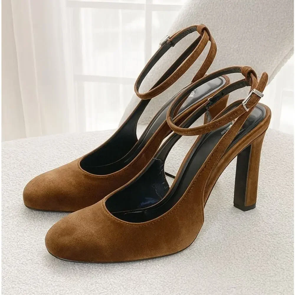 Zara NWT Brown Ocher Velvet Ankle Strap Rounded Toe High Heel Pumps 8 - Picture 7 of 16